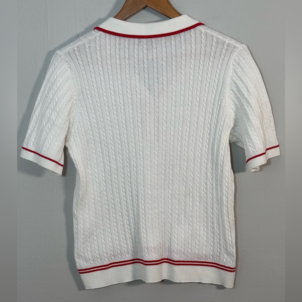 Adrianna Papell Cable Knit Polo Collar Top White Red Trim Size L NWT - Picture 3 of 6